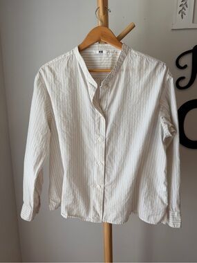 Uniqlo 100% Cotton Top Tan White Striped Women’s Large Shirt Minimalist